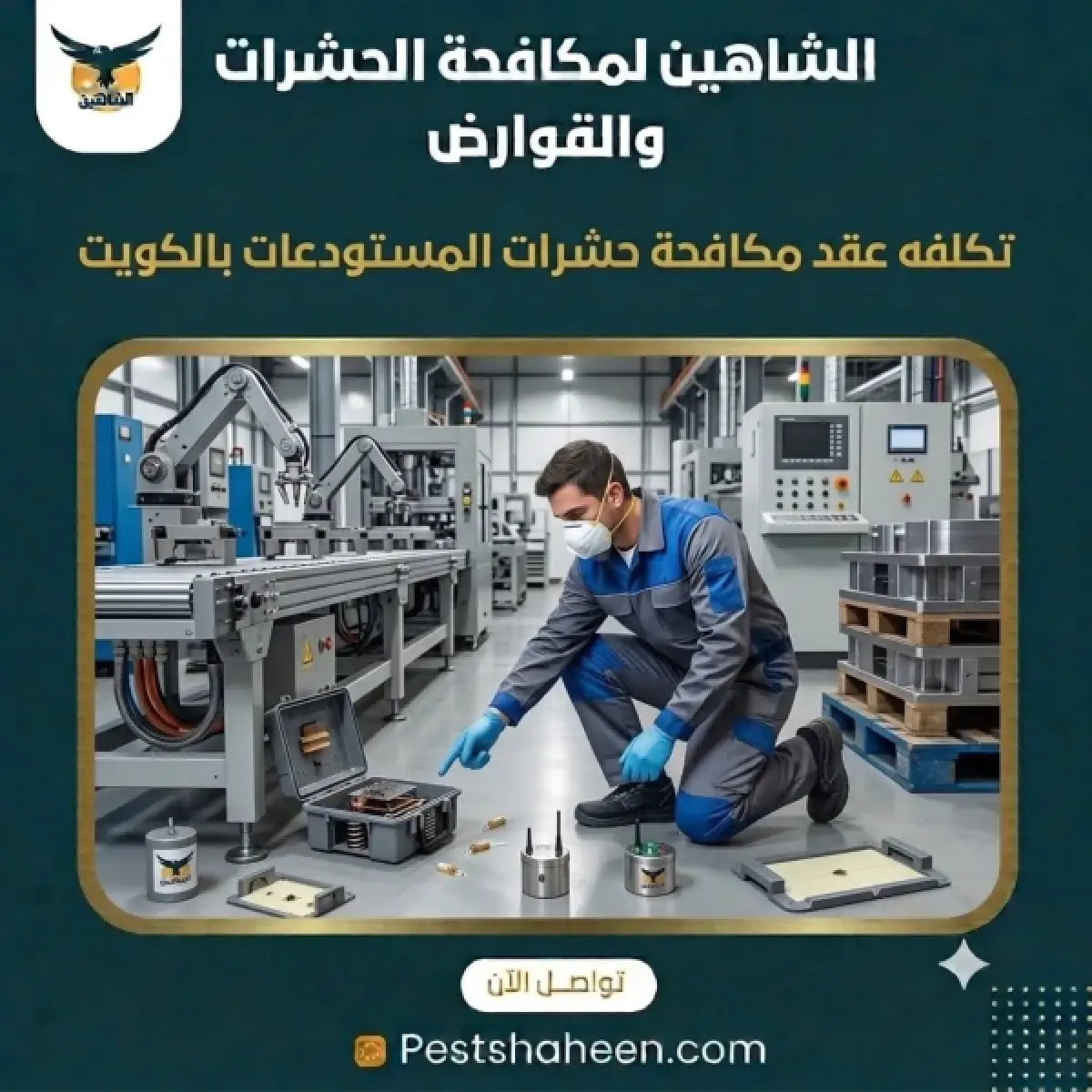 Al-Shaheen technician inspecting rodent monitoring stations and traps in an industrial warehouse in Kuwait under a pest control contract